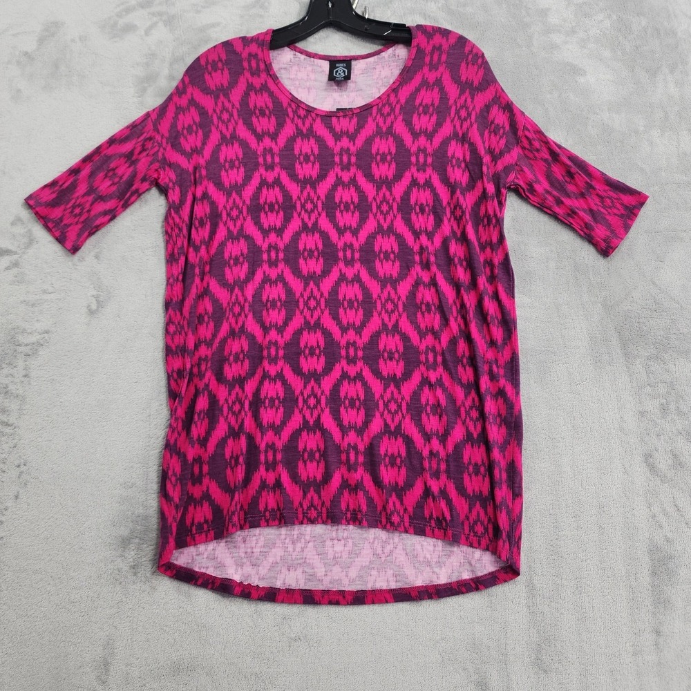 NEW Agnes & Dora Top Womens XS Pink Geometric Hi Lo 3/4 Sleeve Tunic Stretch‎